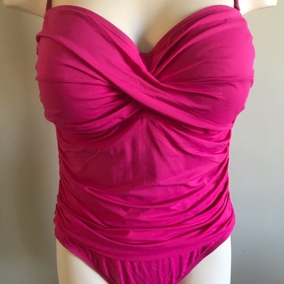 La Blanca Hot Pink Ruched Halter One Piece Swimwesr Swim Bathing Suit Size 14 - Picture 3 of 7